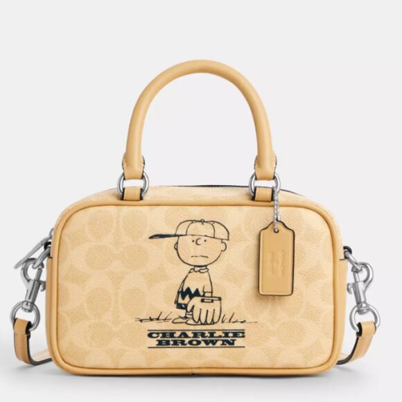 Coach X Peanuts Satchel Crossbody Bag In Signature Canvas With Charlie Brown NWT - Picture 1 of 6